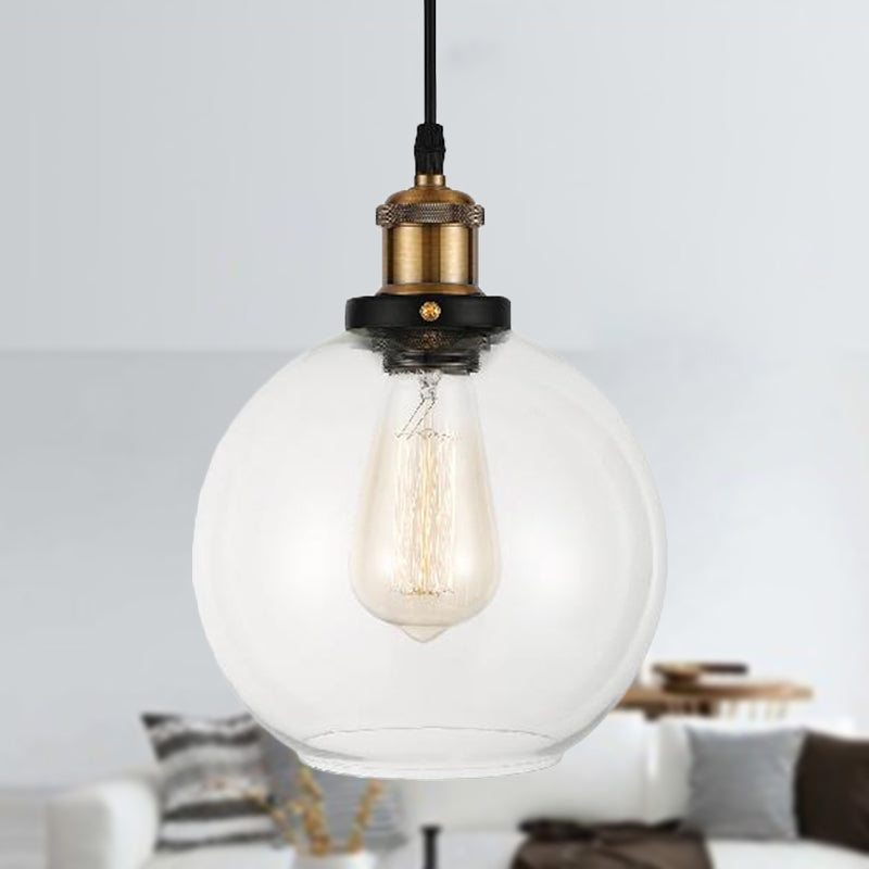 Clear Glass Globe Hanging Pendant Light with Adjustable Cord Industrial Suspension Lamp in Brass