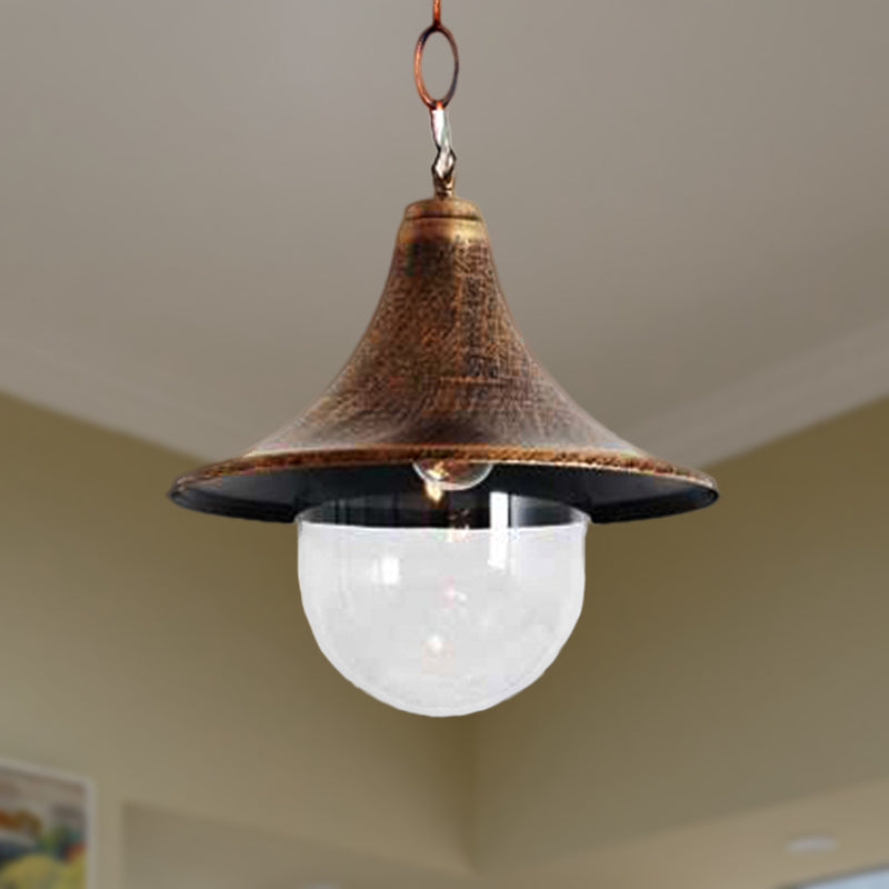 Antique Style Flared Pendant Light with Clear Glass Shade 1 Bulb Hanging Lamp in Rust/Black Finish for Outdoor