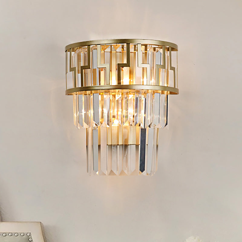 Modernism Layered Wall Lamp Clear Crystal 2 Lights Bedside Wall Sconce Fixture in Brass