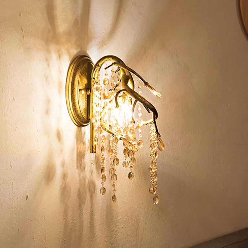 Éclairage mural de ramification Métal de métal vintage 1 Bulbe Finishin Gince Lumière avec accent de perle à cristal ambre