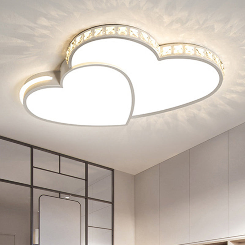Acrylique Double Heart Flush Ceiling Light with Sparkle Crystal Romantic LED Ceiling Lamp in White pour Bathroom