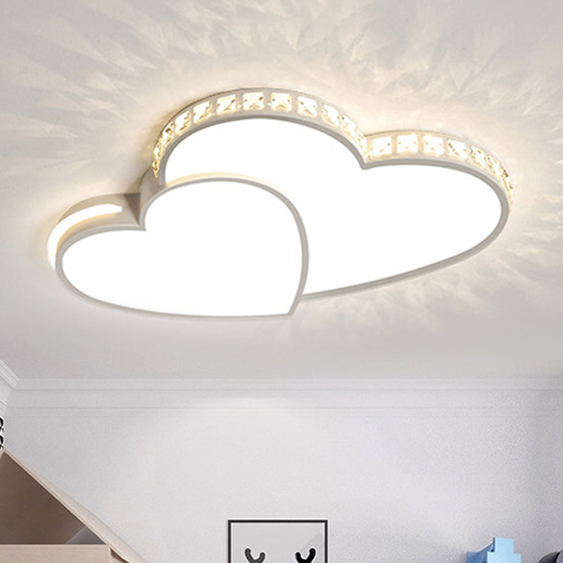 Acrylique Double Heart Flush Ceiling Light with Sparkle Crystal Romantic LED Ceiling Lamp in White pour Bathroom