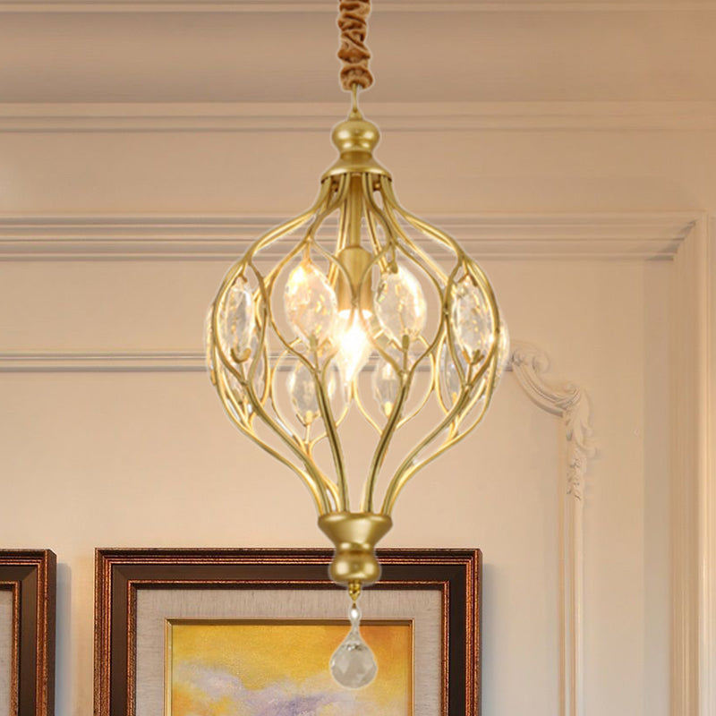 Wire Cage Pendant Light Fixture Contemporary Metal 1 Light Black/Brass Pendulum Light with Crystal Accent