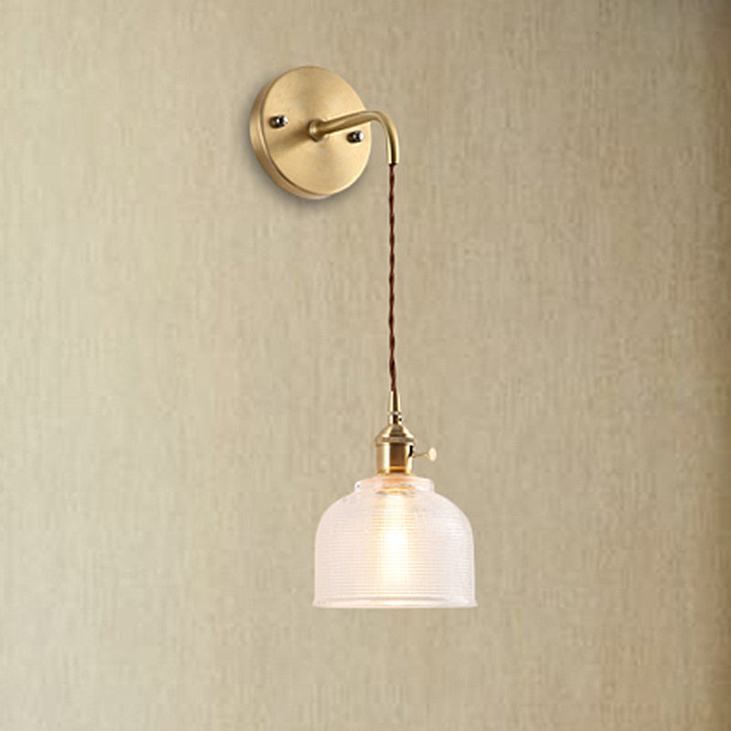 Brass One Light Sconce Light Industrial Clear Clear Textured Glass Dome Freet