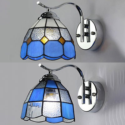 Tiffany Style Tapered Wall Light with Square/Gem Pattern Stained Glass 1 Light Wall Sconce Lighting in Blue