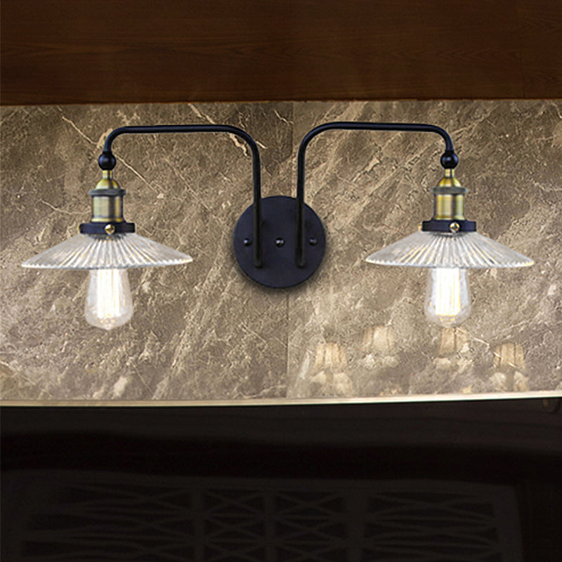 Kegel Wohnzimmer Wandleuchte Industrial Rippenglas 2 Licht schwarze Leuchte für Schlafzimmer