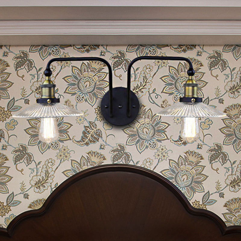 Kegel Wohnzimmer Wandleuchte Industrial Rippenglas 2 Licht schwarze Leuchte für Schlafzimmer