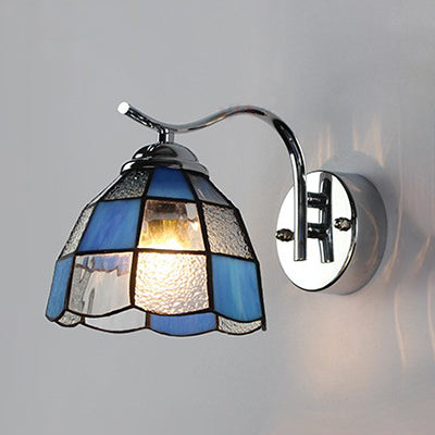 Tiffany Style Tapered Wall Light with Square/Gem Pattern Stained Glass 1 Light Wall Sconce Lighting in Blue