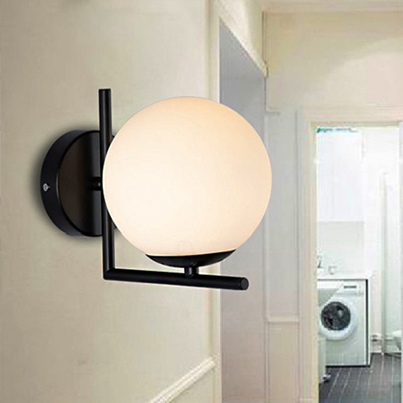 1 Bulb Globe Wall Mounted Light Fixture Modern Black Opal Glass Lighting with Frame Decoration