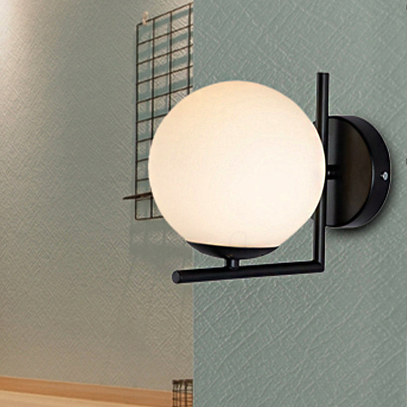 1 Bulb Globe Wall Mounted Light Fixture Modern Black Opal Glass Lighting with Frame Decoration