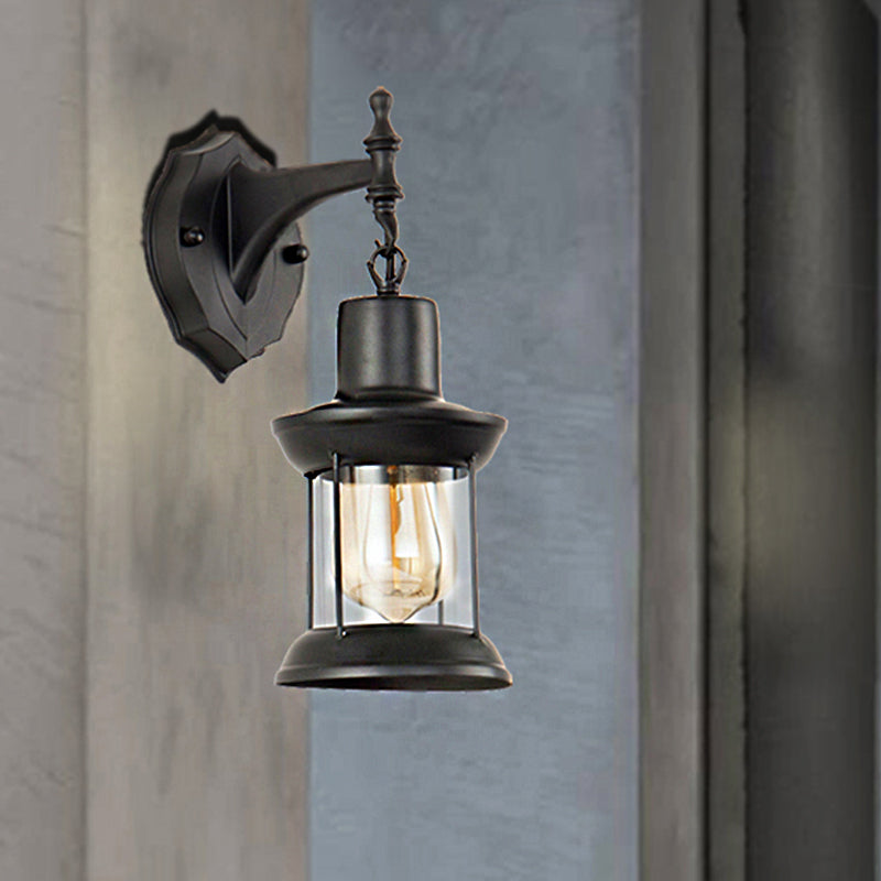 Clear Glass Black Sconce Light Lantern 1-Light Industrial Wall Lamp Fixture for Kitchen
