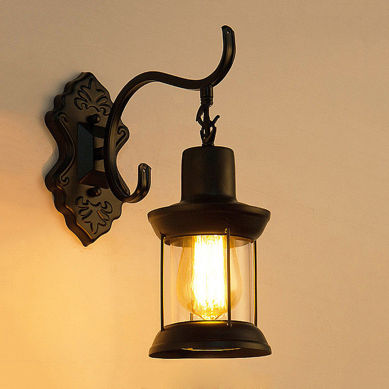 Lantern Clear Glass Wall Mounted Lamp Vintage Single Bulb Outdoor Sconce Light in Black with Carved Pattern
