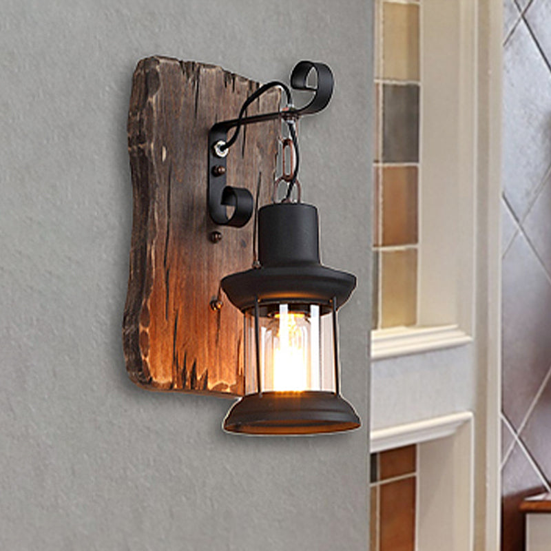 Black One Light Sconce Light Rustic Clear Glass Caged Lighting Fixture with Wooden Backplate