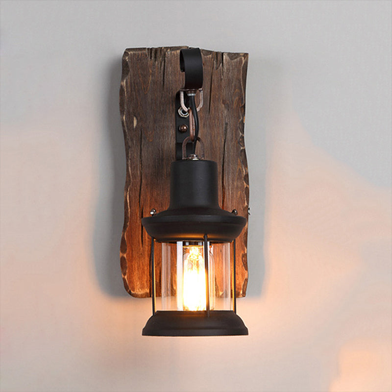Black One Light Sconce Light Rustic Clear Glass Caged Lighting Fixture with Wooden Backplate