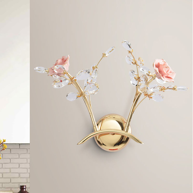 Rose Sconce Lamp with Crystal Leaf Vintage Metal 2 Lights Gold Wall Mount Light for Living Room