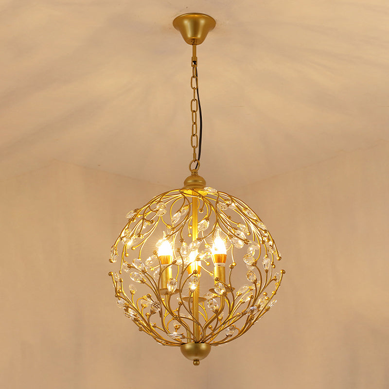 Globe Chandelier Lighting Antique Crystal 3 Lights Brass Hanging Ceiling Light for Dining Room