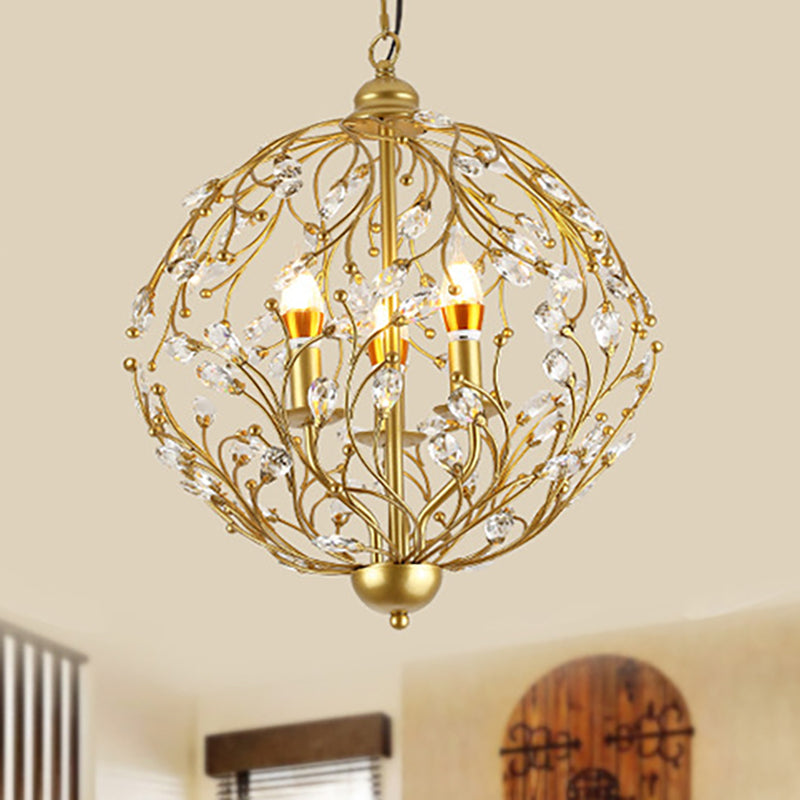 Globe Chandelier Lighting Antique Crystal 3 Lights Brass Hanging Ceiling Light for Dining Room