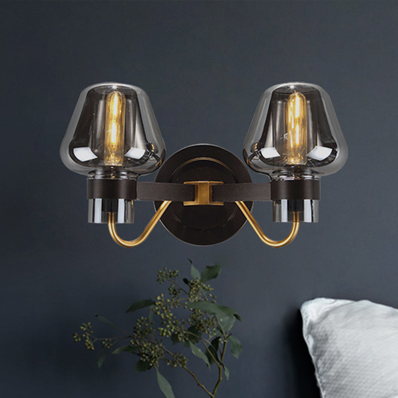 2-Bulb Wall Light with Mushroom Shade Smoked Glass Modern Bedroom Sconce Lighting Fixture