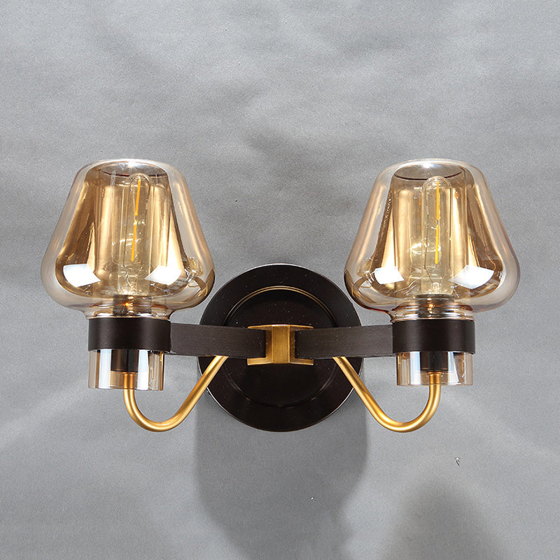 2-Light Mushroom Sconce Light Fixture Modern Black Amber Glass Wall Lamp for Living Room