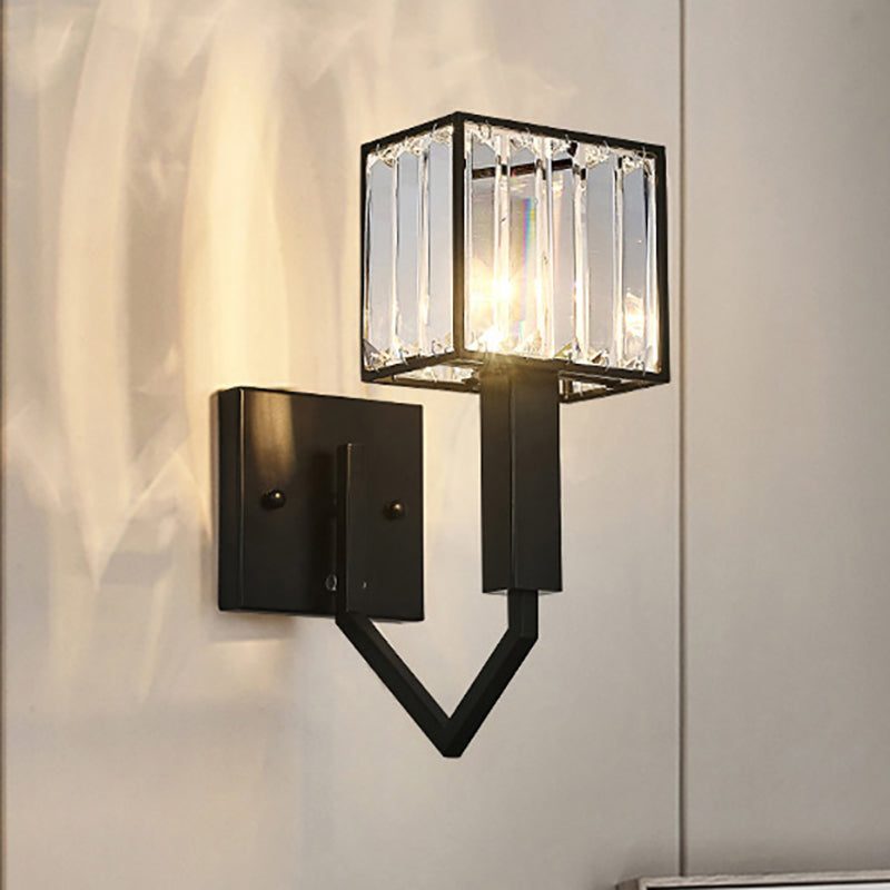Black Finish Rectangle Wall Lamp Modernist Style 1 Light Clear Crystal and Metal Wall Sconce Fixture