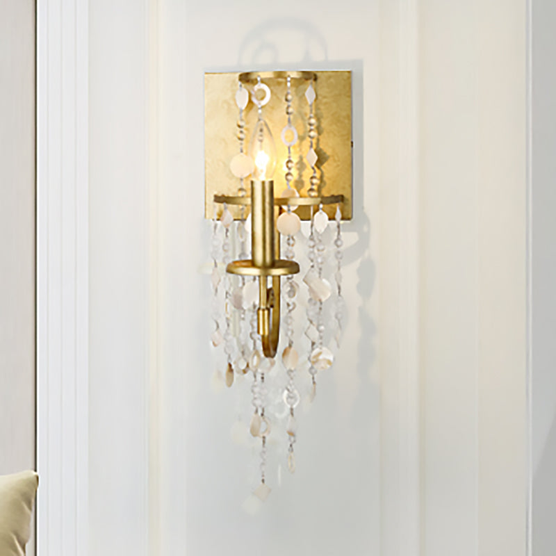 Exposed Wall Sconce Fixture Vintage Style Metal 1 Bulb Brass Wall Light with Crystal Beaded Strand and Shell Deco