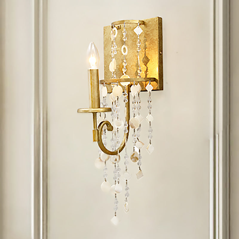 Exposed Wall Sconce Fixture Vintage Style Metal 1 Bulb Brass Wall Light with Crystal Beaded Strand and Shell Deco