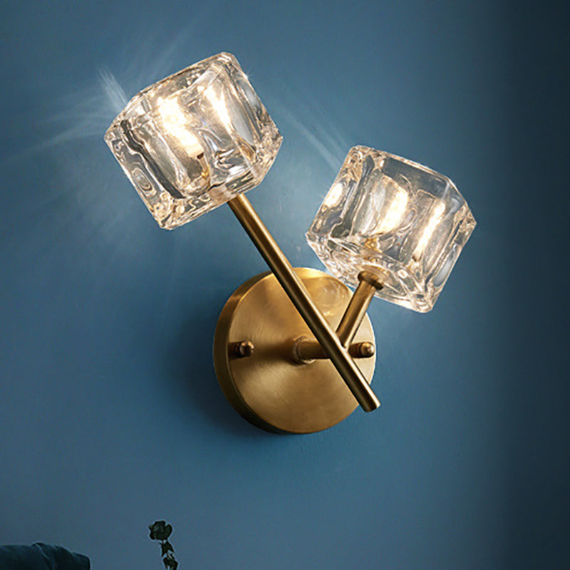 1/2-Light Bedroom Wall Lighting Contemporary Style Brass Finish with Square Clear Crystal Shade