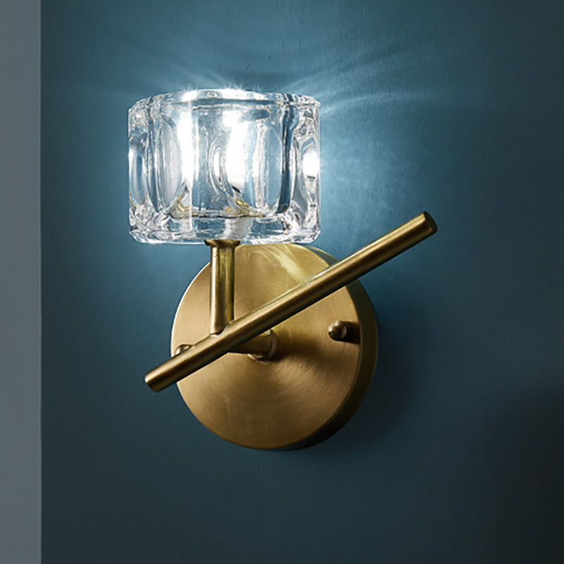 1/2-Light Bedroom Wall Lighting Contemporary Style Brass Finish with Square Clear Crystal Shade