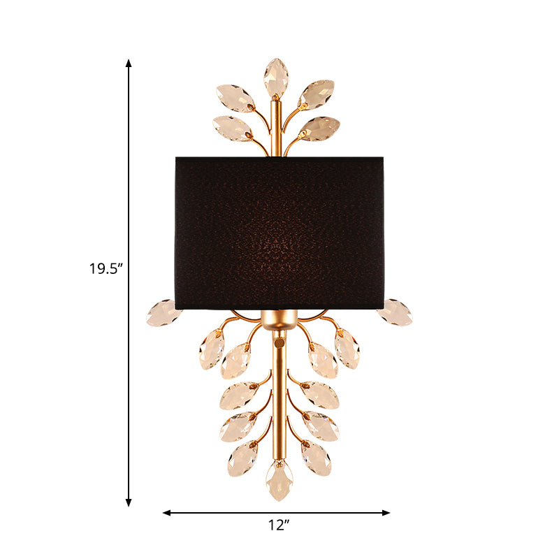 Black Rectangle Sconce Light Fixture Vintage Style 1 Bulb Fabric Wall Light with Clear Crystal Branching Design