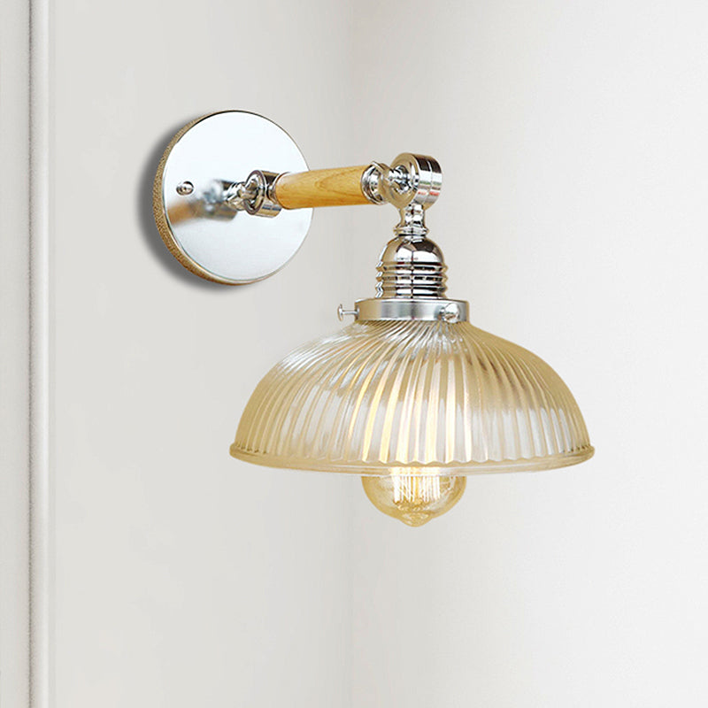 Domed Living Room Wall Light Fixture Antique Stylish Ribbed Glass 1 Light Clear Sconce Lamp for Corridor, 8"/4"/6" L Wooden Arm