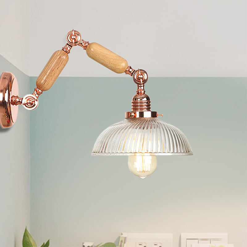 1 Light Prismatic Glass Wall Sconce Light Vintage Rose Gold Bowl Bedroom Lighting Fixture with Extendable Arm