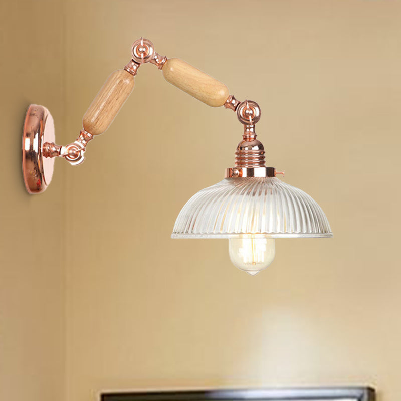 1 Light Prismatic Glass Wall Sconce Light Vintage Rose Gold Bowl Bedroom Lighting Fixture with Extendable Arm