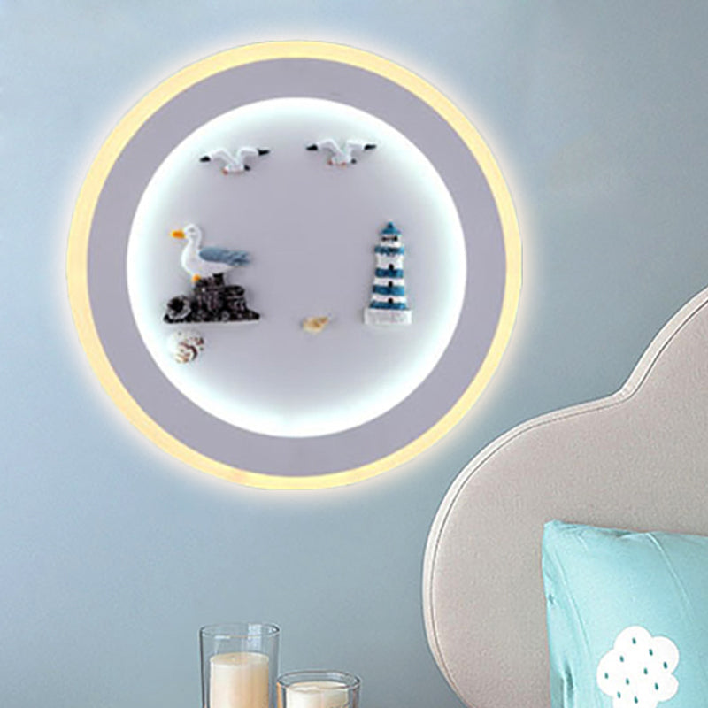 Nautical Stylish Circle Wall Light with Sea Acrylic LED Sconce Lamp in White for Child Bedroom
