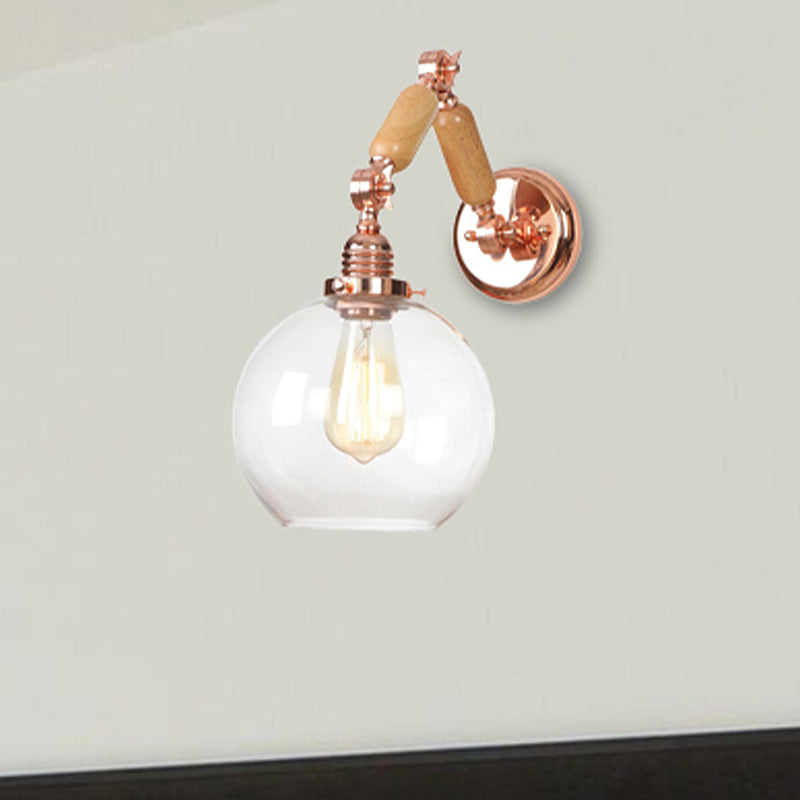1 Bulb Globe Wall Mounted Light Fixture Rustic Rose Gold Clear Glass Lighting with Extendable Arm