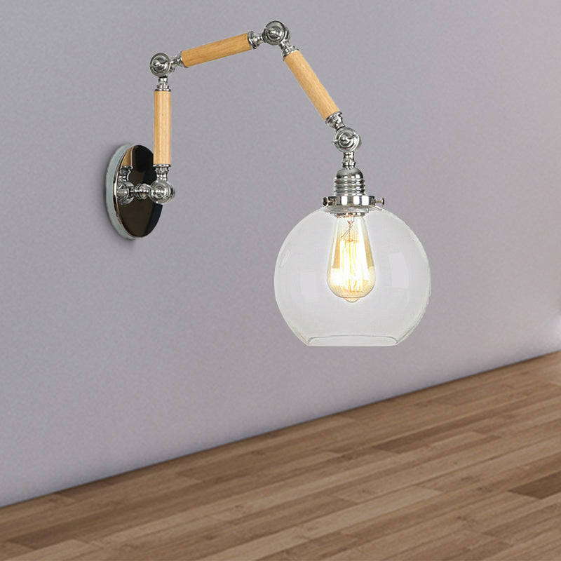 1 Light Orb Shade Sconce Light Fixture Vintage Silver Clear Glass Wall Lamp with Extendable Arm