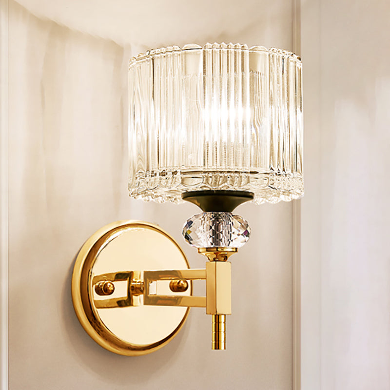 Contemporary 1 Light Wall Light Fixture with Crystal Shade Gold Cylinder Sconce Light