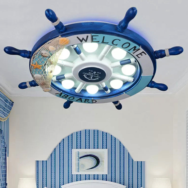 Rudder Kindergarten Ceiling Mount Light Metal 8 Lights Nautical Ceiling Lamp in Blue