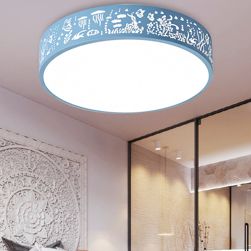 Kid Bedroom Etched Round Ceiling Light Acrylic Metal Macaron Loft Ceiling Mount Light