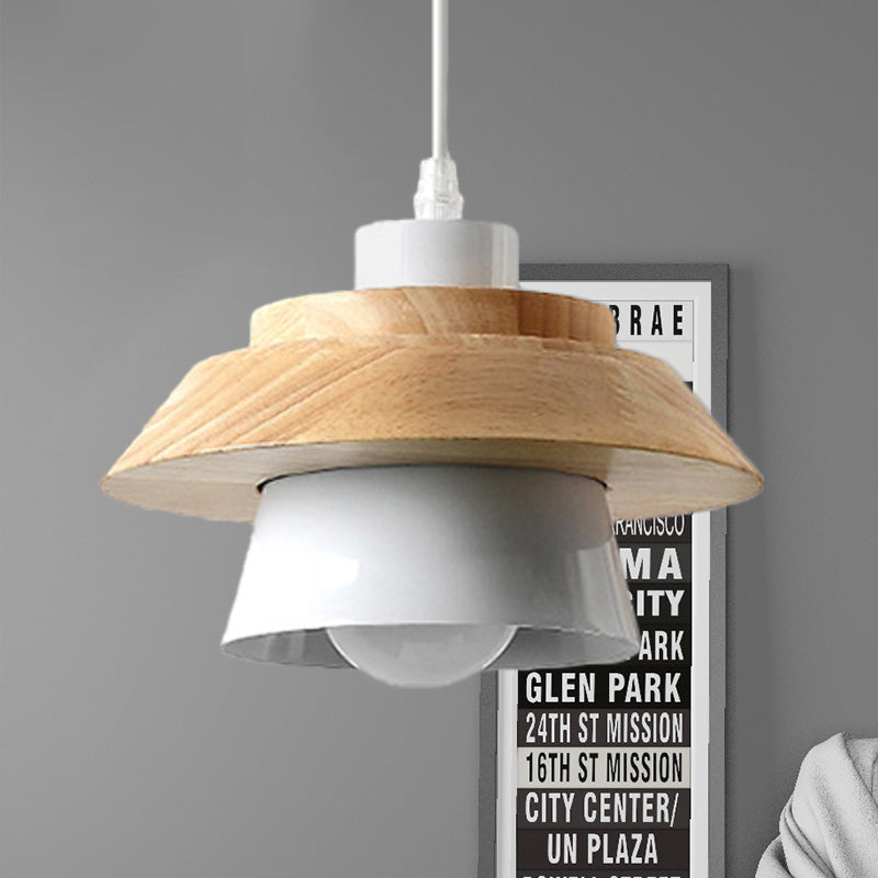 Macaron Style Mushroom Pendant Light Metal Wood 1 Light Hanging Light for Restaurant