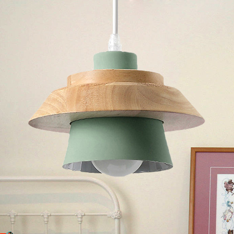 Macaron Style Mushroom Pendant Light Metal Wood 1 Light Hanging Light for Restaurant