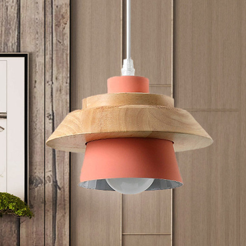 Macaron Style Mushroom Pendant Light Metal Wood 1 Light Hanging Light for Restaurant