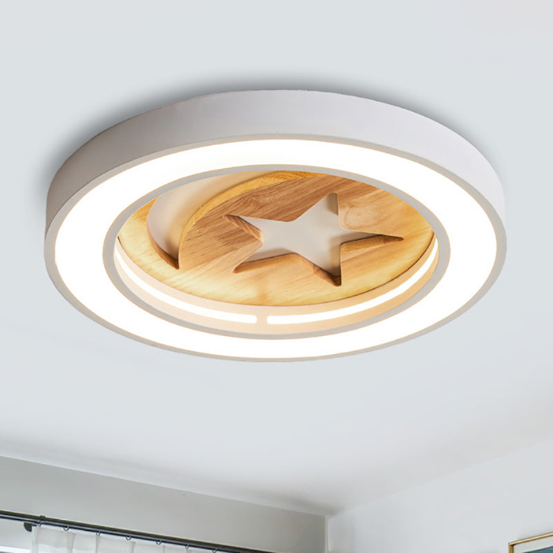 Baby Room Circulaire Flushmount Light with Star & Moon Wooden Nordic LED Ceiling Light
