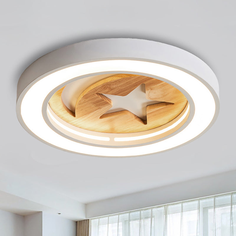Baby Room Circulaire Flushmount Light with Star & Moon Wooden Nordic LED Ceiling Light