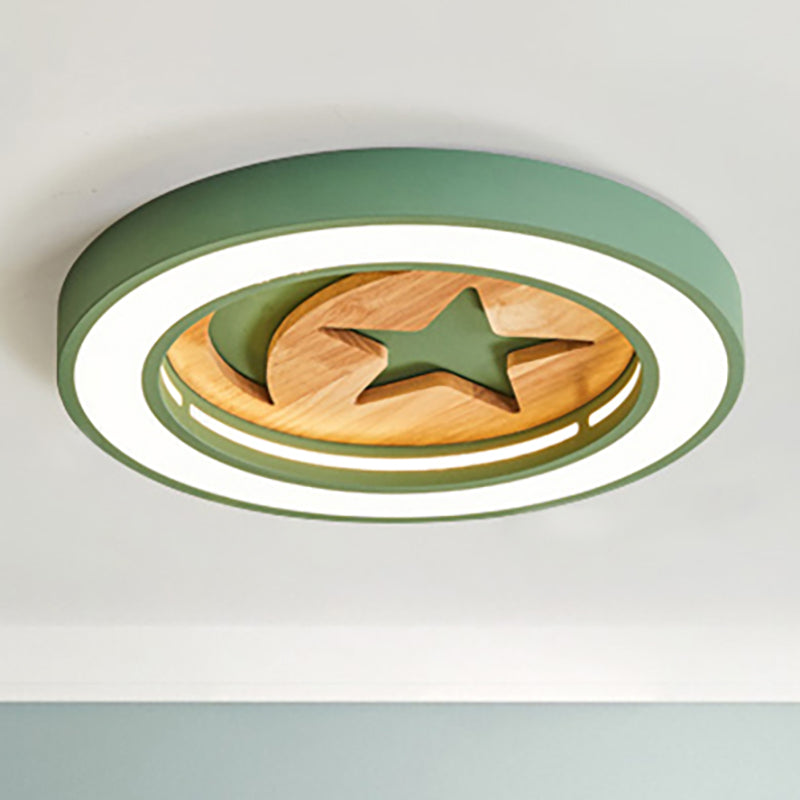 Baby Room Circulaire Flushmount Light with Star & Moon Wooden Nordic LED Ceiling Light