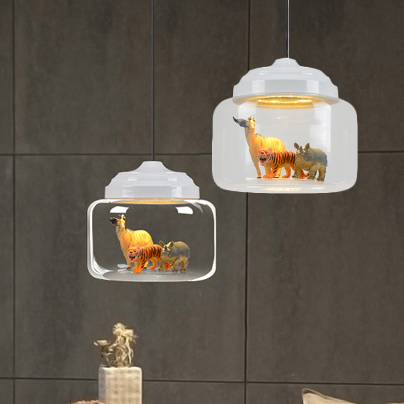 Hanging Lamp for Bedroom, Adjustable Modern Glass Cylinder Pendant Lighting with Animals Decoration (Random shipments of Animals)