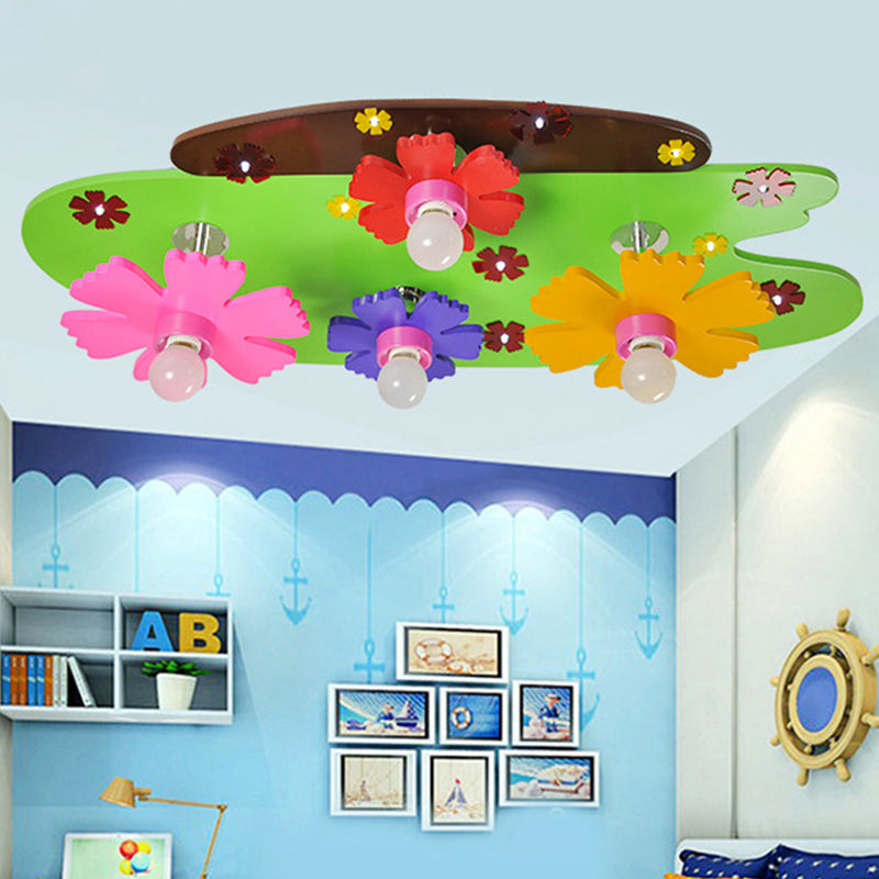 Colorful Flower Ceiling Light Four Heads Cartoon Wood Flush Mount Light for Girls Bedroom