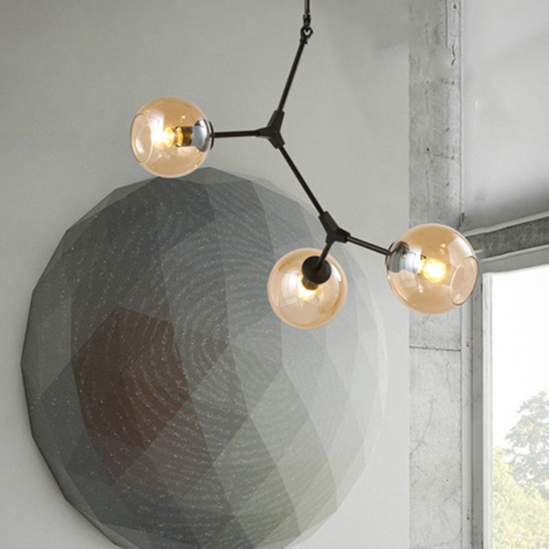 Amber open glas orb kroonluchter woonkamer 3 lichten modern hanglamp in het zwart