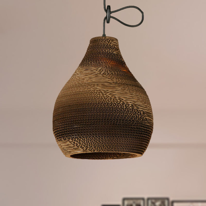 Contemporary Dome/Bowl Shade Suspension Light 1 Head Corrugated Paper Pendant Lamp in Brown