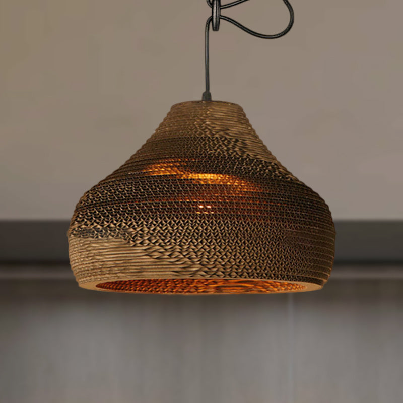 Contemporary Dome/Bowl Shade Suspension Light 1 Head Corrugated Paper Pendant Lamp in Brown