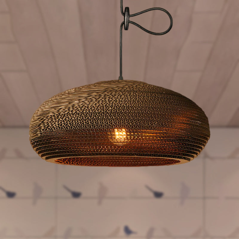 Contemporary Dome/Bowl Shade Suspension Light 1 Head Corrugated Paper Pendant Lamp in Brown